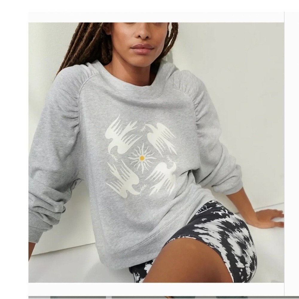 Anthropologie Jason K Yun Doves Graphic Sweatshirt Gray Puff Shoulder Small